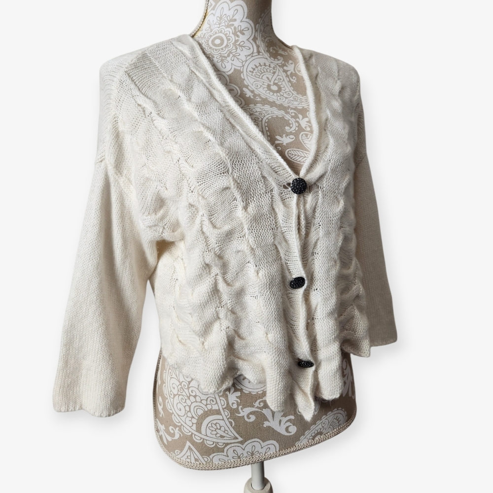 Free People Wool Angora Button Crop Cardigan Boho Sweater Cream Knit Crocheted M